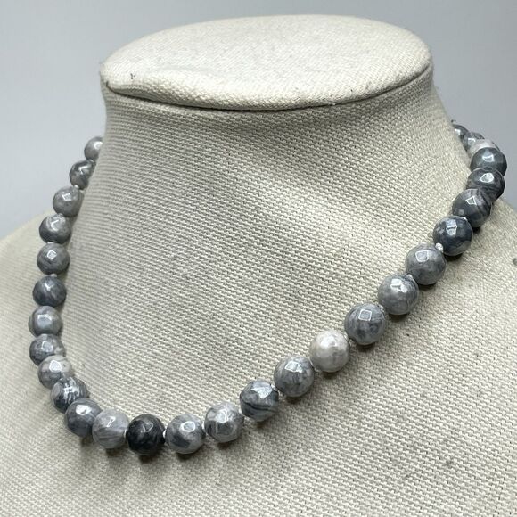 Stunning Unique Gray Picasso Jasper Gemstone Beaded Knotted Necklace 19" Boho - Picture 4 of 7